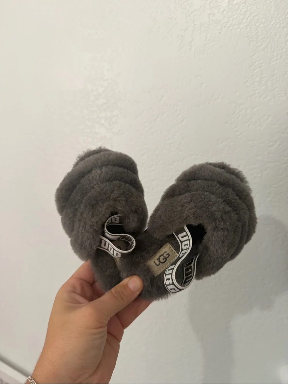 UGG Kids Dark Gray Fluff Slide Sandals with Branded Strap